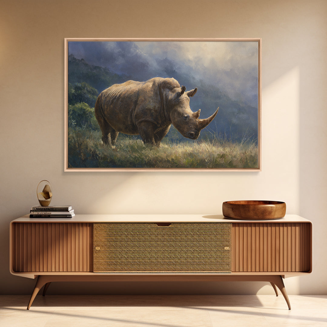 Rhino in Dramatic Stormy Light Framed Canvas Print, Wildlife Art, Original Artwork, Living Room Decor, Fine Art, Wild, WIL-3x2-60