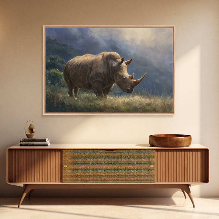 Rhino in Dramatic Stormy Light Framed Canvas Print, Wildlife Art, Original Artwork, Living Room Decor, Fine Art, Wild, WIL-3x2-60