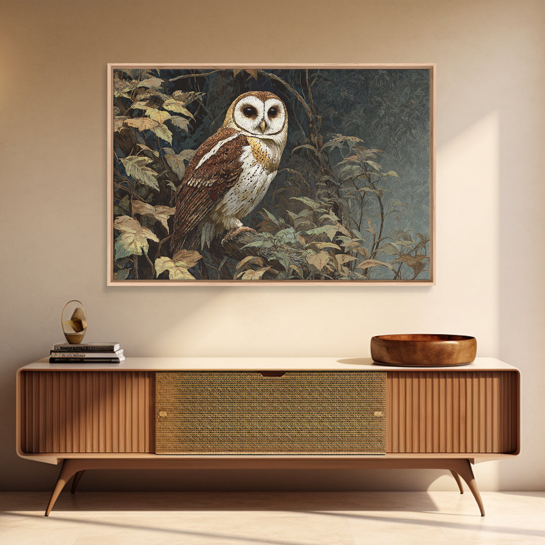 Owl Perched in Moonlit Woodland Framed Canvas Print, Wildlife Art, Gallery Decor, Living Room Decor, Abstract Art, Wild, WIL-3x2-64