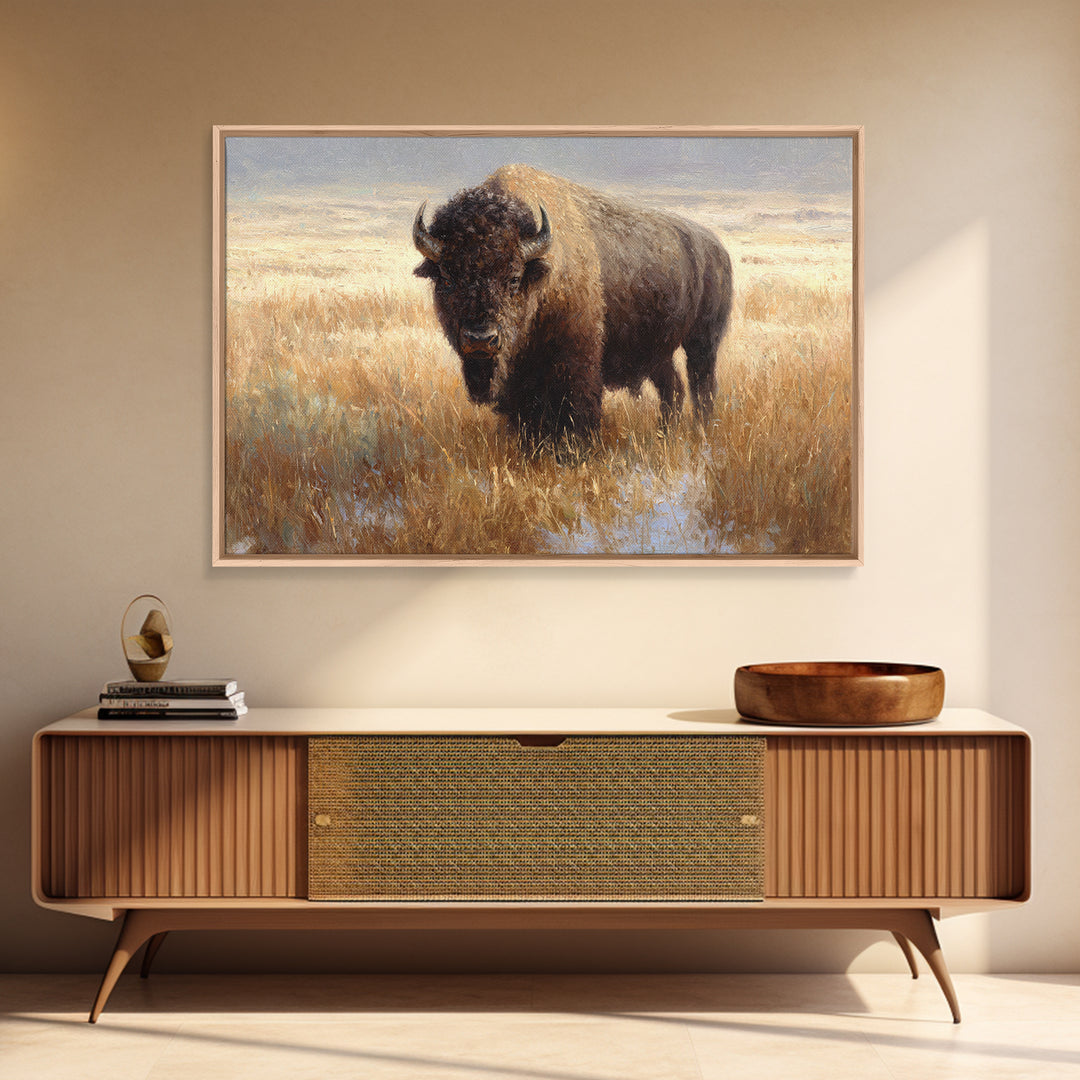 Bison on Wide Western Prairie Framed Canvas Print, Wildlife Art, Digital Download Art, Living Room Decor, Watercolor Art, Wild, WIL-3x2-65