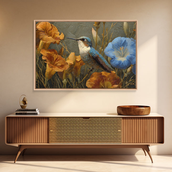 Hummingbird Beside Bright Flowers Canvas Print, Wildlife Art, Neutral Decor, Living Room Decor, Oil Painting, Wild, Wall Art, WIL-3x2-68