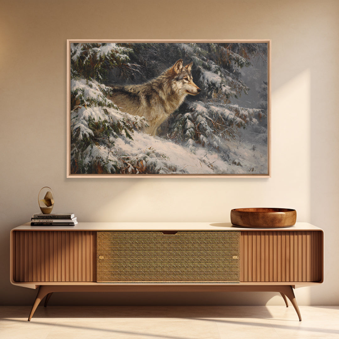 Wolf Standing Beneath Snowy Pine Trees Framed Canvas Print, Wildlife Art, Home Decor, Living Room Decor, Abstract Art, Wild, WIL-3x2-7