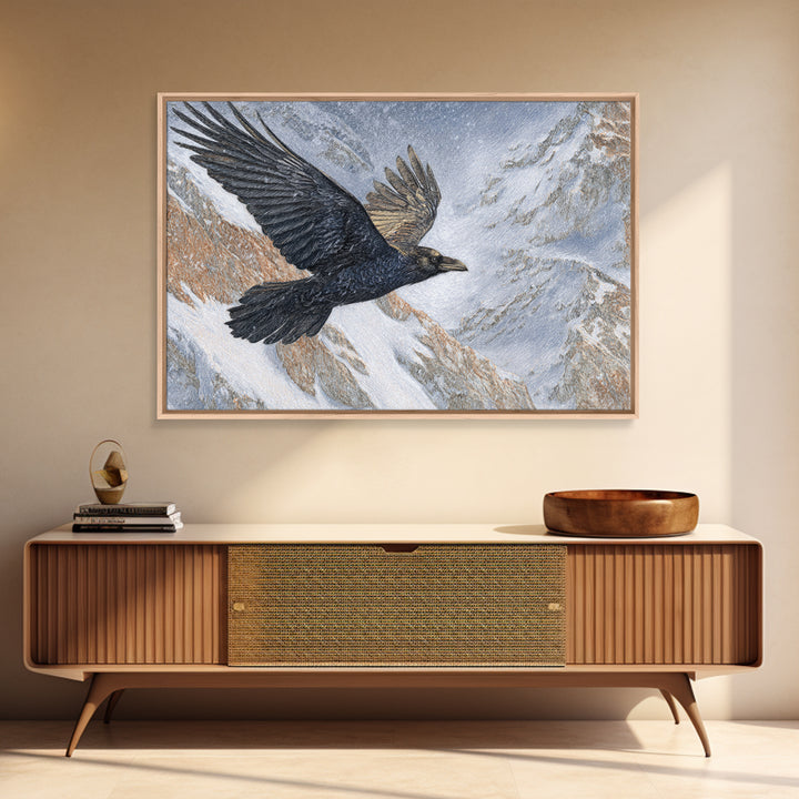 Raven Flying Through Snowy Mountains Canvas Print, Wildlife Art, Forest Wall Art, Living Room Decor, Fine Art, Wild, WIL-3x2-76