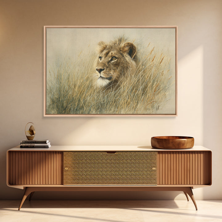 Lion Emerging from Golden Savanna Grass Framed Canvas Print, Wildlife Art, Gallery Decor, Living Room Decor, Fine Art, Wild, WIL-3x2-77