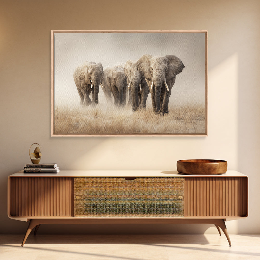 Elephant Herd Walking Through Dusty Sunset Framed Canvas Print, Wildlife Art, Digital Download Art, Living Room Decor, Wild, WIL-3x2-78