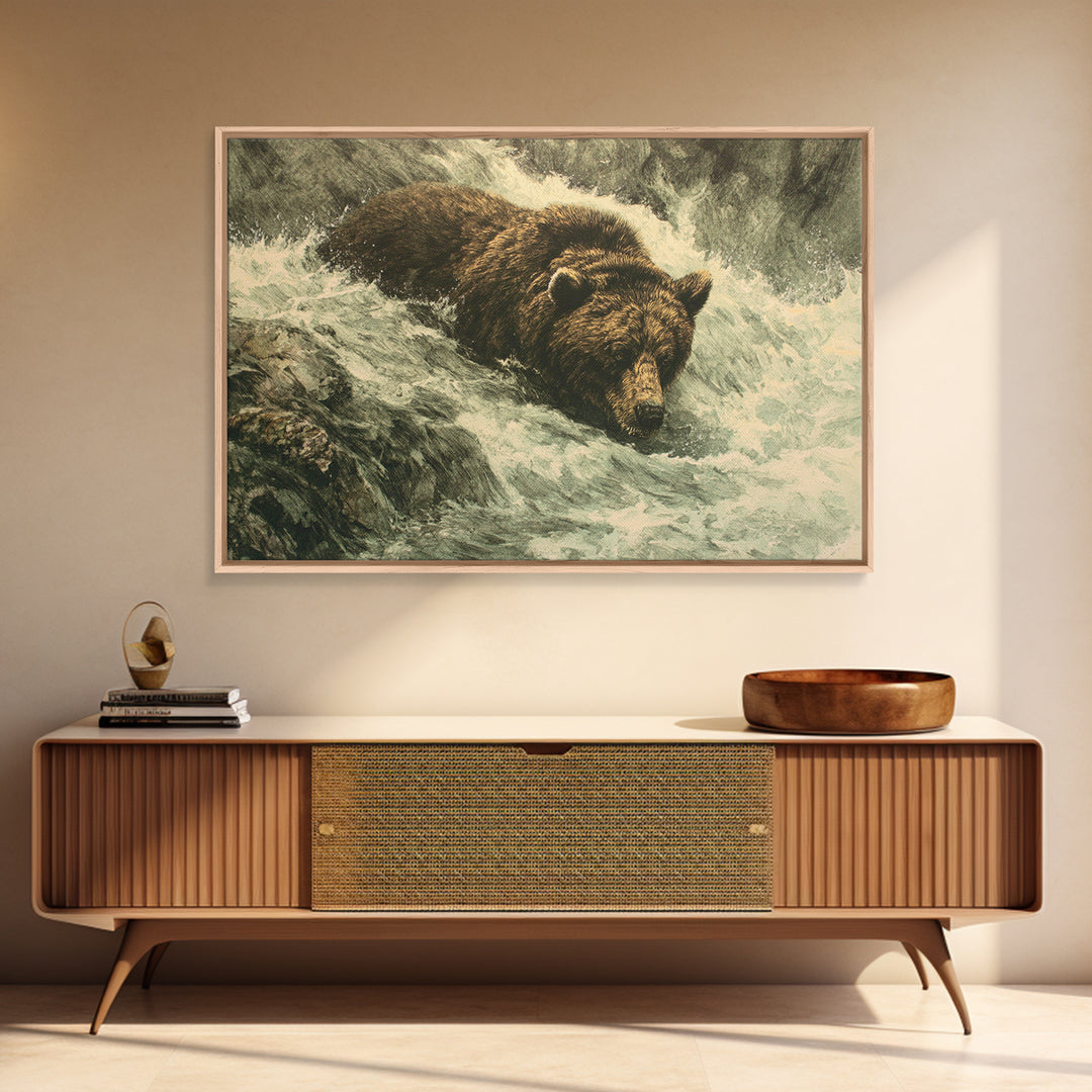 Bear Fishing in Rushing Mountain River Framed Canvas Print, Wildlife Art, Wall Art Print, Living Room Decor, Fine Art, Wild, WIL-3x2-8