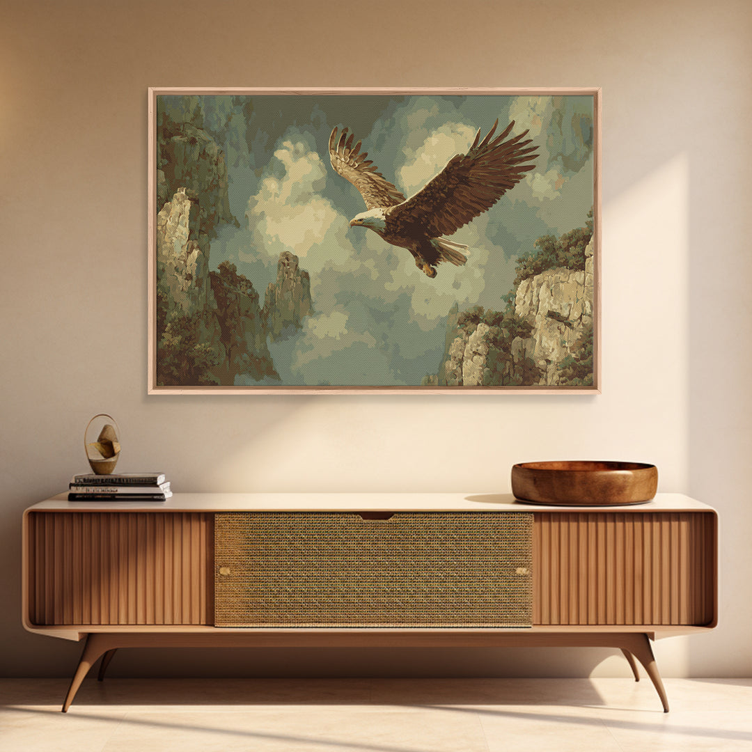 Eagle Soaring Above Rocky Cliffs Framed Canvas Print, Wildlife Art, Living Room Art, Living Room Decor, Oil Painting, Wild, WIL-3x2-82