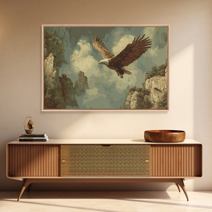 Eagle Soaring Above Rocky Cliffs Framed Canvas Print, Wildlife Art, Living Room Art, Living Room Decor, Oil Painting, Wild, WIL-3x2-82