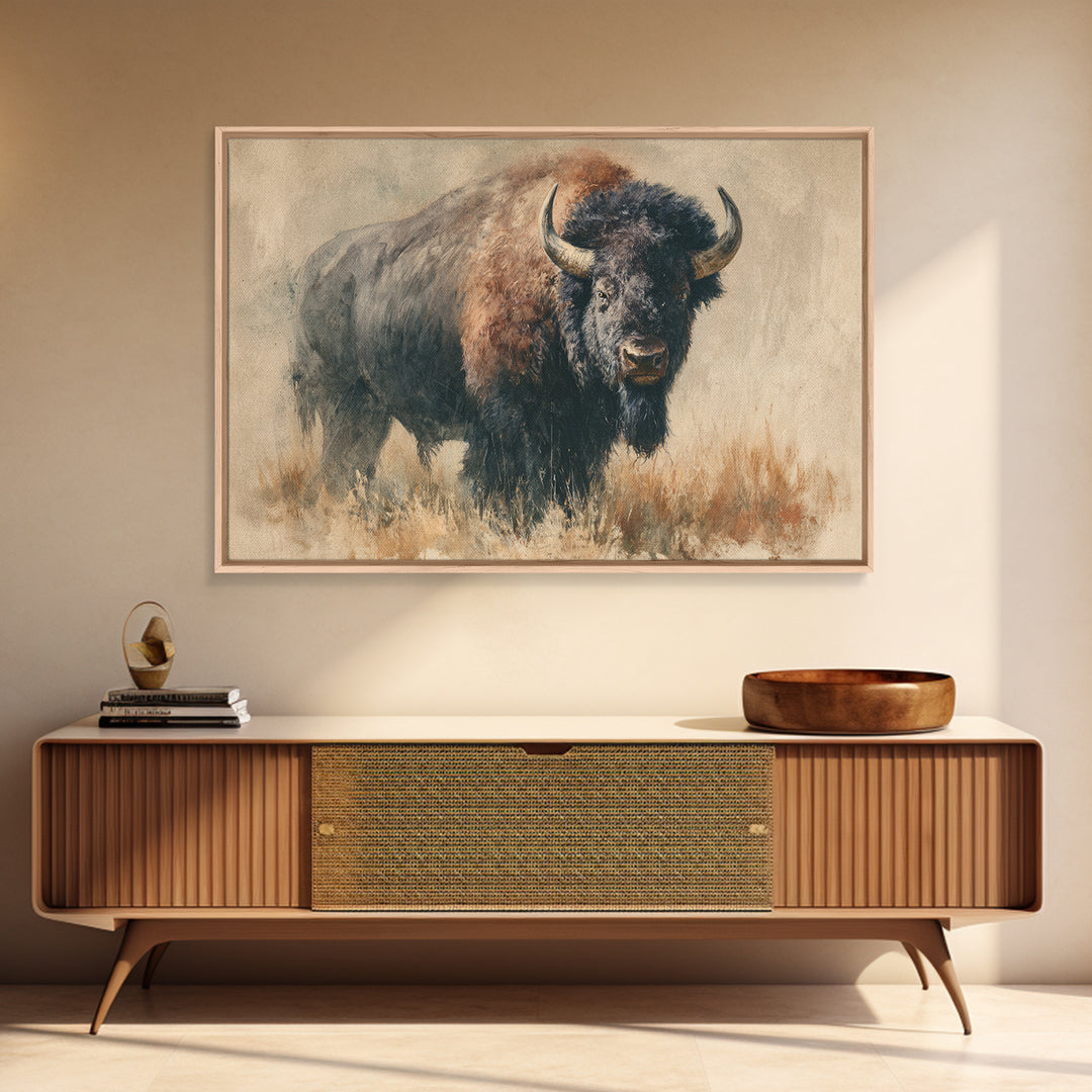Bison on Wide Western Prairie Canvas Print, Wildlife Art, Forest Wall Art, Living Room Decor, Oil Painting, Wild, WIL-3x2-89