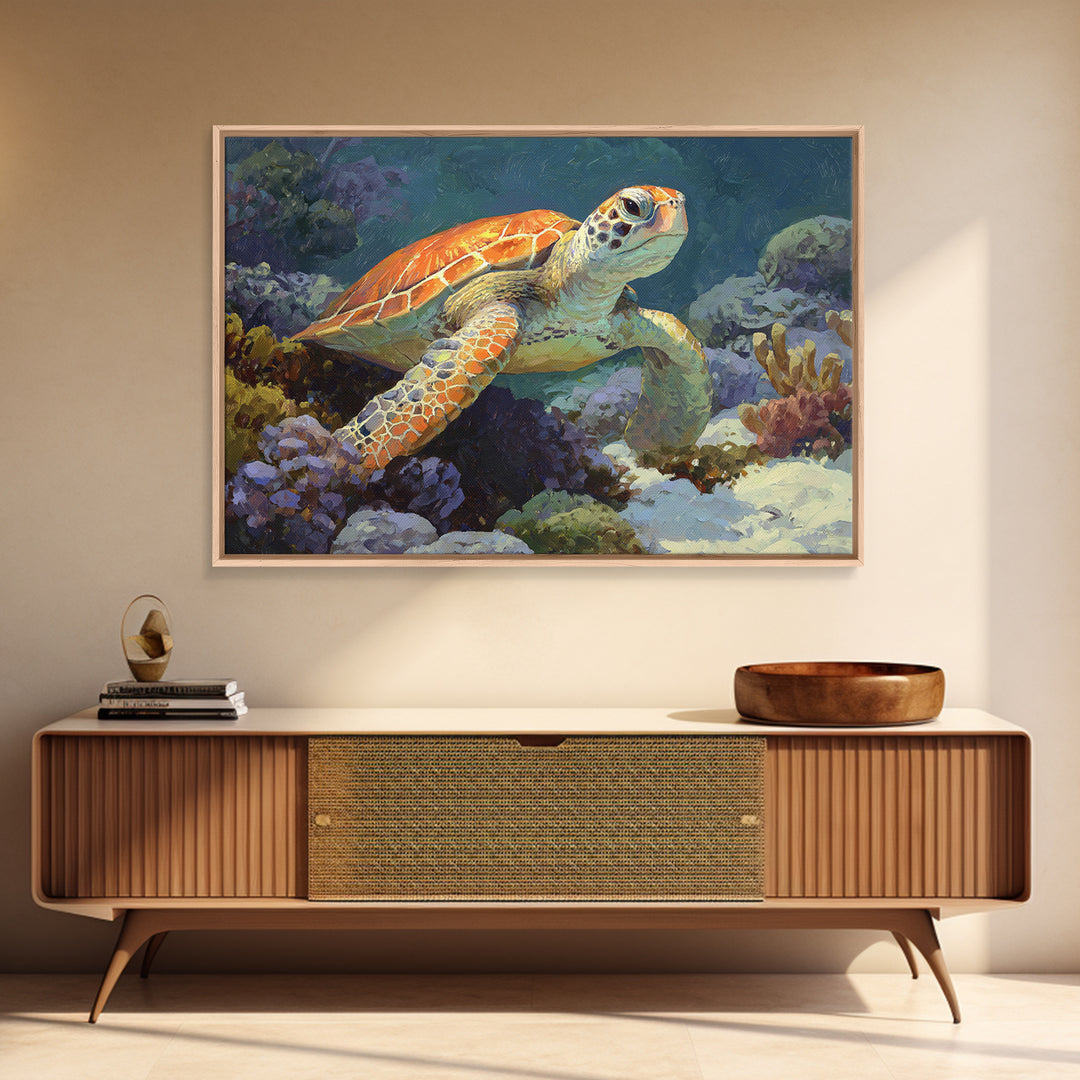 Sea Turtle over Coral Reef Canvas Print, Wildlife Art, Landscape Art, Living Room Decor, Abstract Art, Wild, Modern Decor, WIL-3x2-94