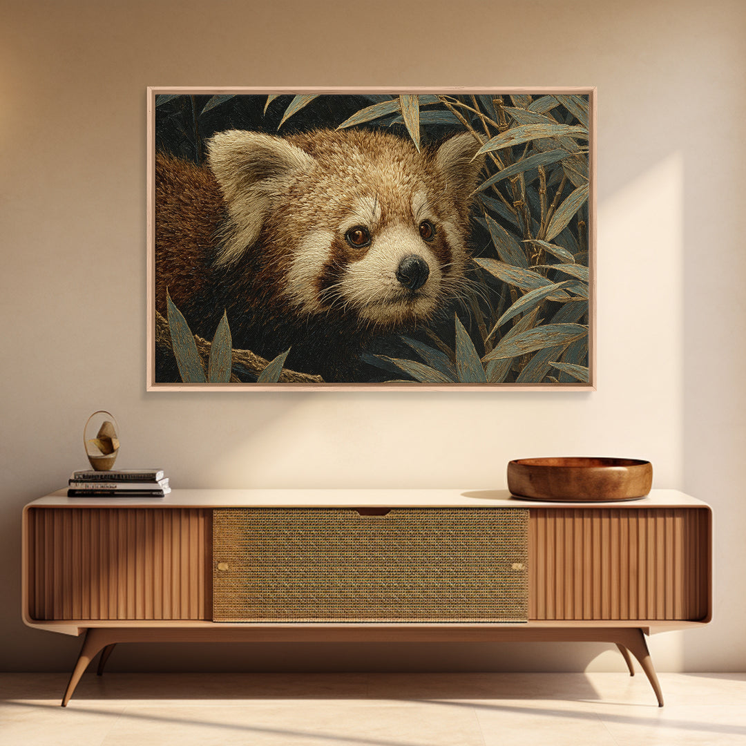 Red Panda Among Bamboo Leaves Framed Canvas Print, Wildlife Art, Art Print, Living Room Decor, Fine Art, Wild, Digital Wall Art, WIL-3x2-96