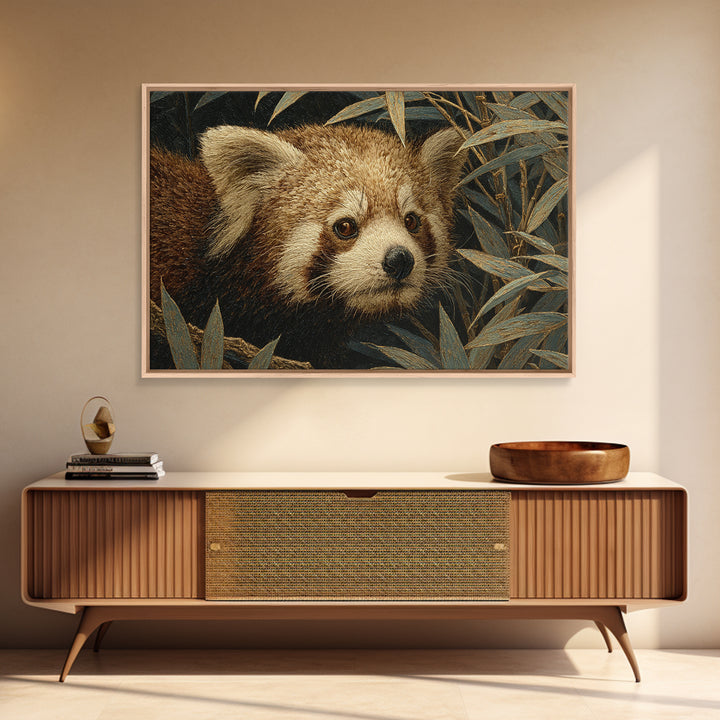 Red Panda Among Bamboo Leaves Framed Canvas Print, Wildlife Art, Art Print, Living Room Decor, Fine Art, Wild, Digital Wall Art, WIL-3x2-96