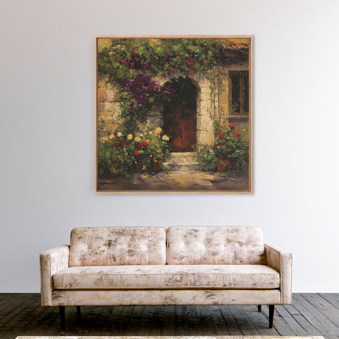 Vineyard Gate with Climbing Roses Canvas Print, Winery Art, Farmhouse Decor, Winery Decor, Oil Painting, Vineyard, Bar Art, WIN-1x1-15