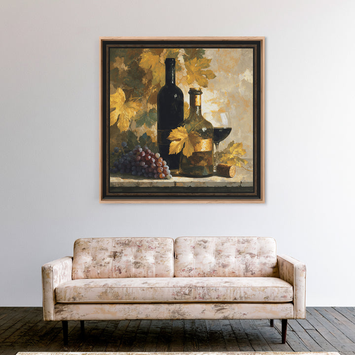 Black and Gold Wine Bottle Silhouette Framed Canvas Print, Winery Art, Kitchen Art, Winery Decor, Watercolor Art, Vineyard, WIN-1x1-16