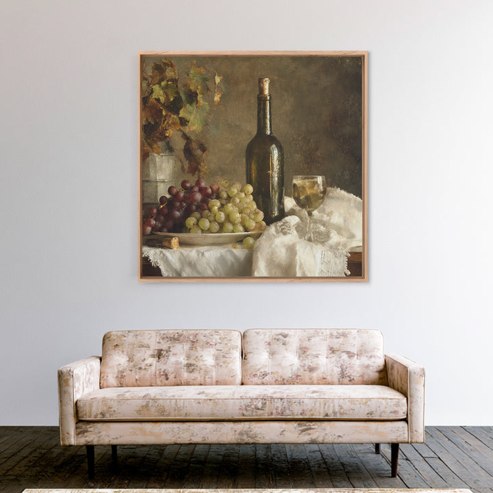 Champagne Grapes and White Linen Still Life Framed Canvas Print, Winery Art, Winery Decor, Abstract Art, Vineyard, WIN-1x1-29