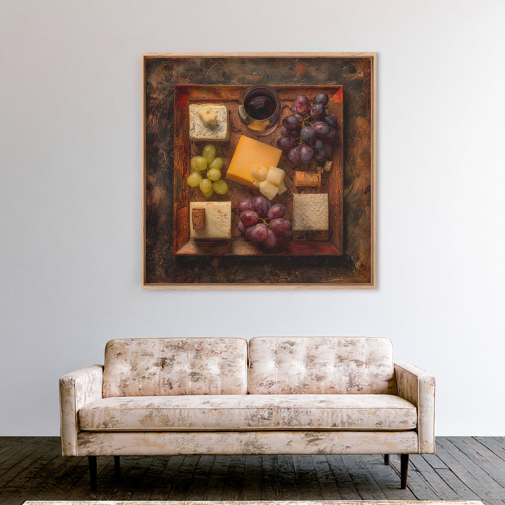 Charcuterie Board with Grapes and Cheese Framed Canvas Print, Winery Art, Boho Decor, Winery Decor, Oil Painting, Vineyard, WIN-1x1-37