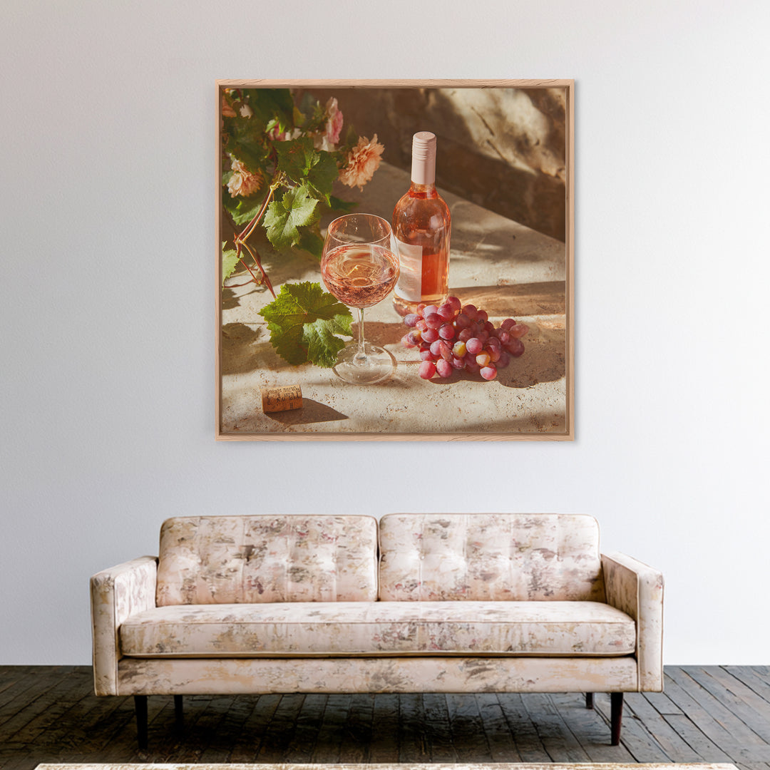 Ros Glass Beside Summer Flowers Framed Canvas Print, Winery Art, Gallery Decor, Winery Decor, Fine Art, Vineyard, Wall Art, WIN-1x1-38