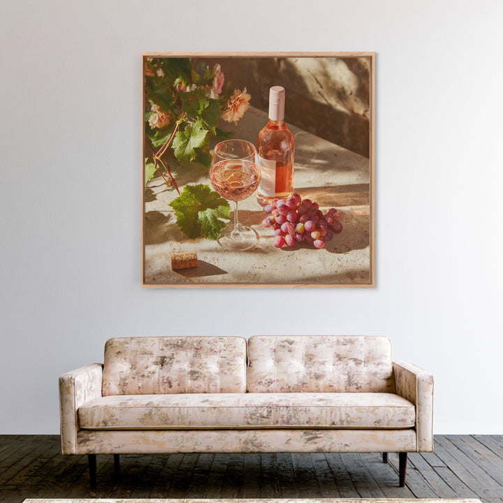 Ros Glass Beside Summer Flowers Framed Canvas Print, Winery Art, Gallery Decor, Winery Decor, Fine Art, Vineyard, Wall Art, WIN-1x1-38