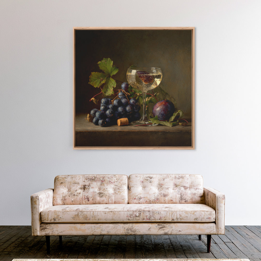 Champagne Coupe with Bubbles and Light Framed Canvas Print, Winery Art, Kitchen Wall Decor, Winery Decor, Oil Painting, WIN-1x1-43