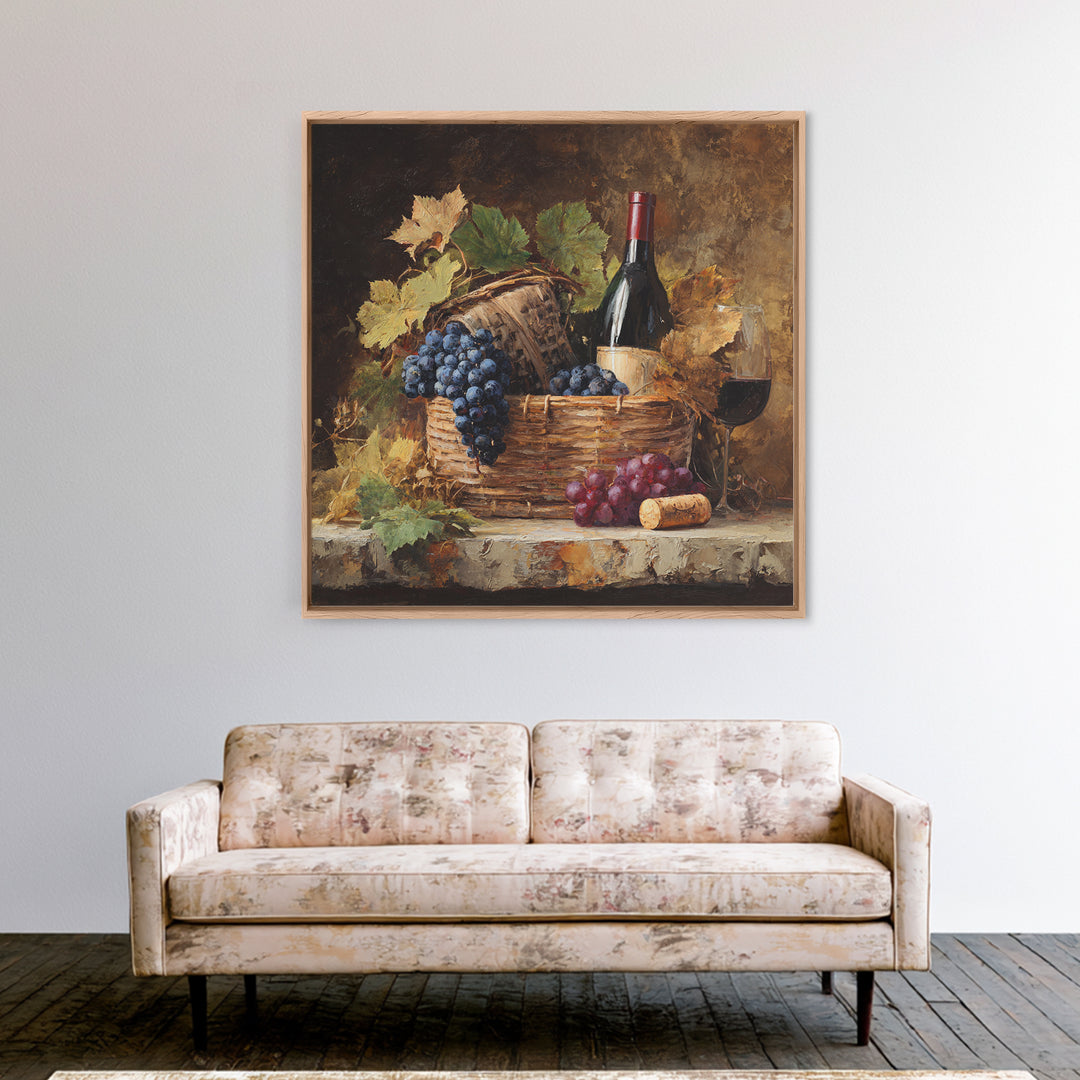 Wine Harvest Basket Framed Canvas Print, Winery Art, Bar Art, Winery Decor, Fine Art, Vineyard, Textured Painting, WIN-1x1-46