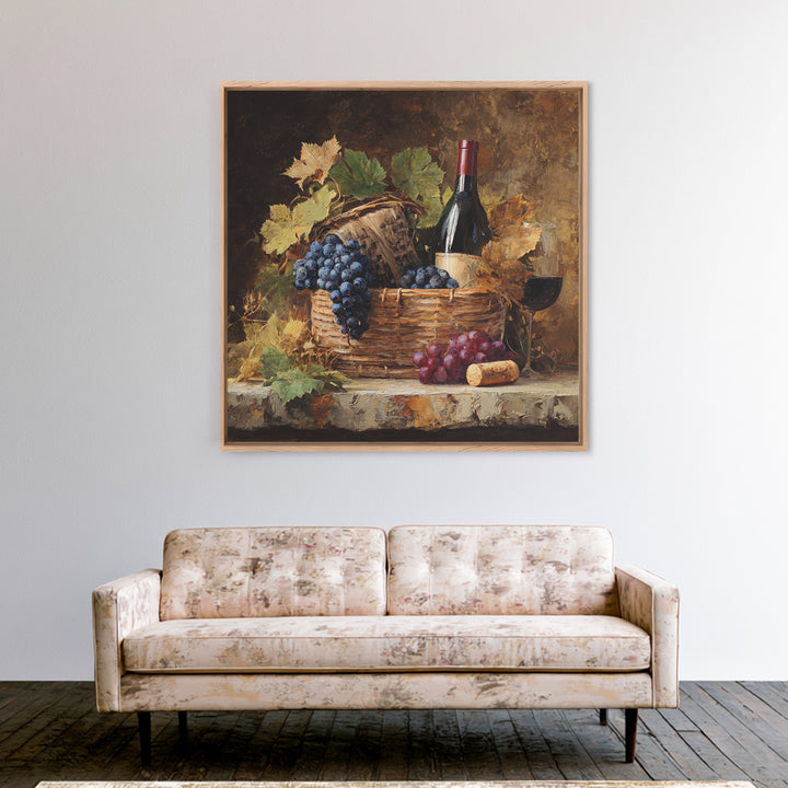 Wine Harvest Basket Framed Canvas Print, Winery Art, Bar Art, Winery Decor, Fine Art, Vineyard, Textured Painting, WIN-1x1-46
