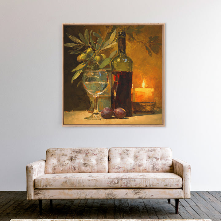 Olive Branch and Wine Glass Mediterranean Still Framed Canvas Print, Winery Art, Winery Decor, Oil Painting, Vineyard, WIN-1x1-48