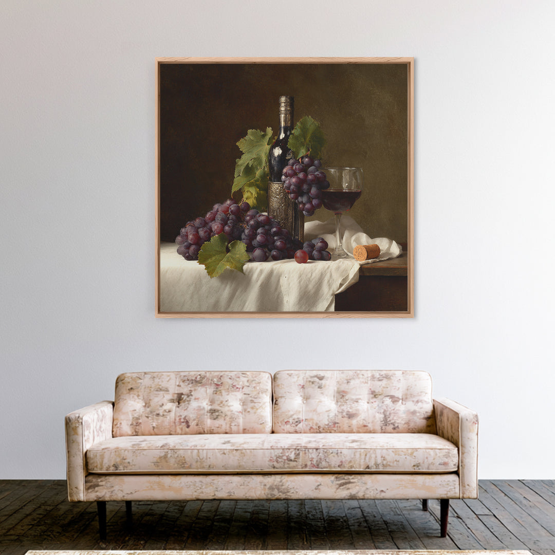 Champagne Grapes and White Linen Still Life Framed Canvas Print, Winery Art, Winery Decor, Abstract Art, Vineyard, WIN-1x1-53