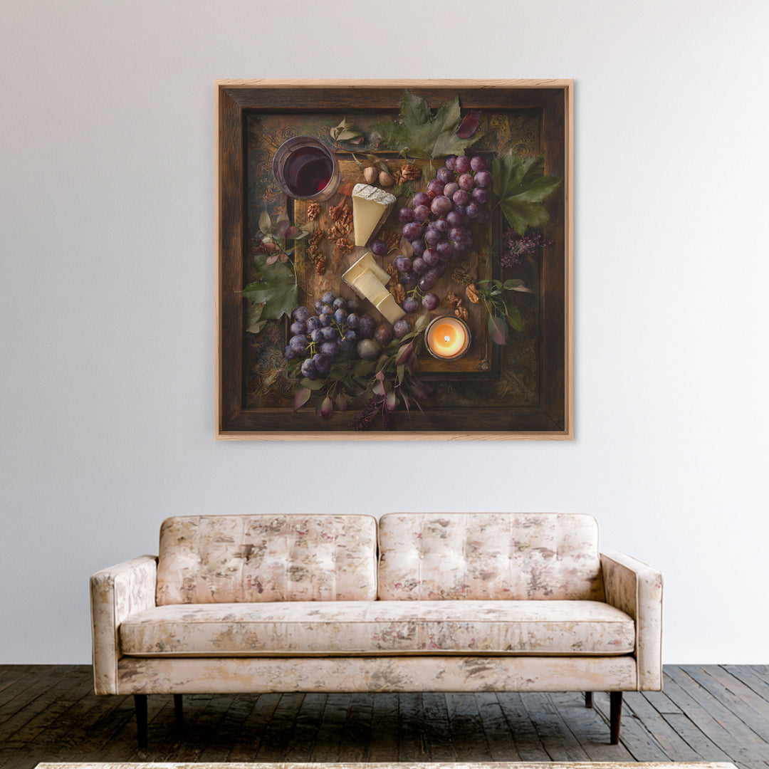 Charcuterie Board with Grapes and Cheese Framed Canvas Print, Winery Art, Boho Decor, Winery Decor, Oil Painting, Vineyard, WIN-1x1-61