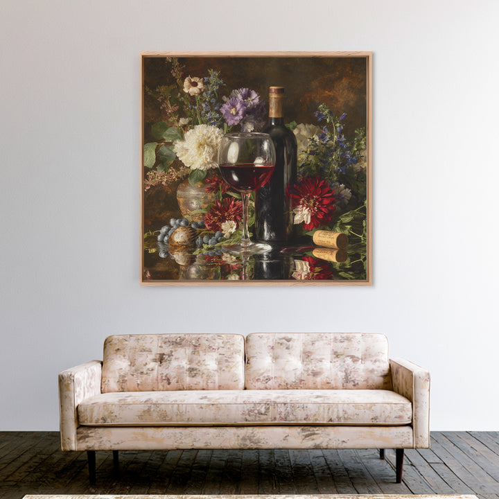 Ros Glass Beside Summer Flowers Framed Canvas Print, Winery Art, Gallery Decor, Winery Decor, Fine Art, Vineyard, Wall Art, WIN-1x1-62