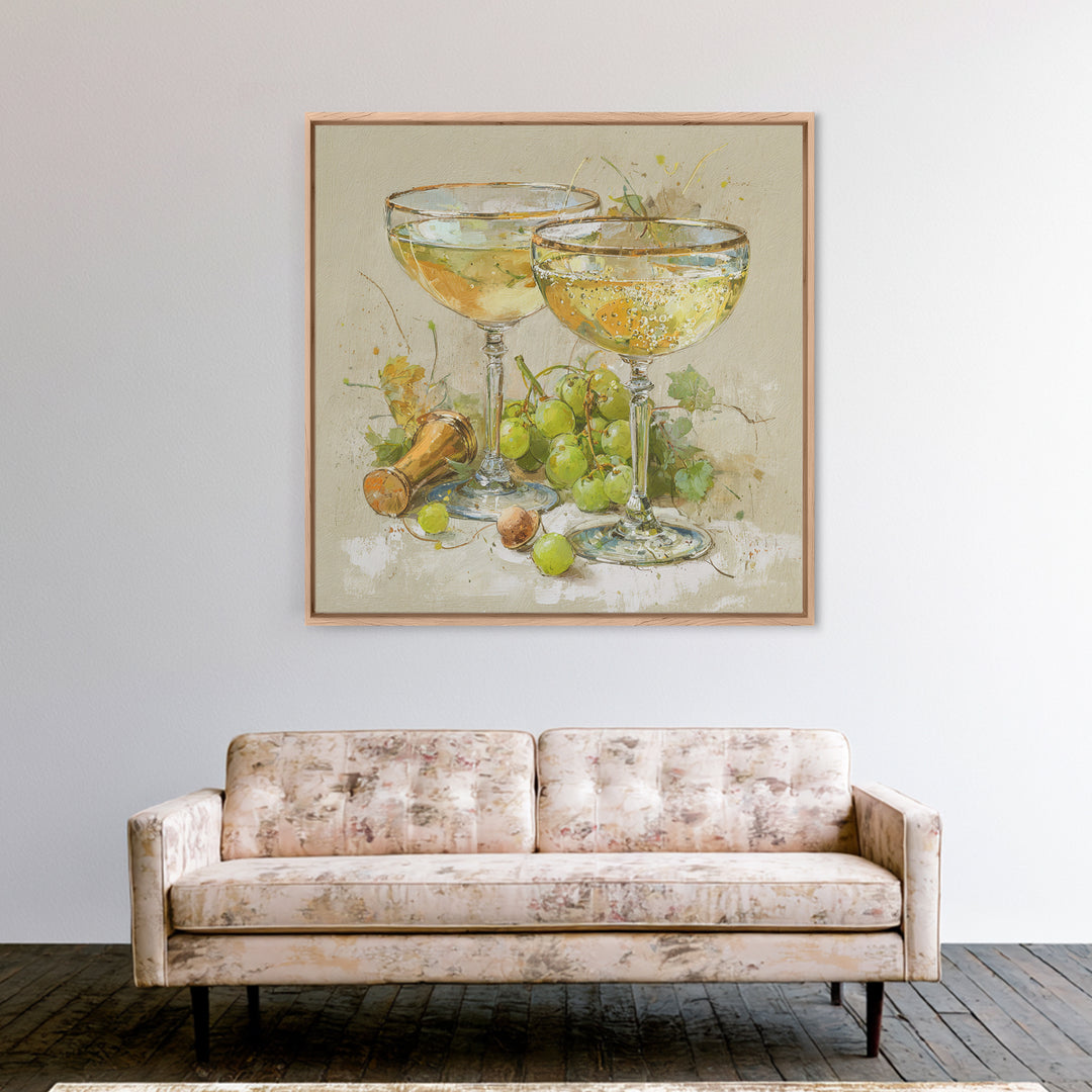 Champagne Coupe with Bubbles and Light Framed Canvas Print, Winery Art, Modern Decor, Winery Decor, Fine Art, Vineyard, WIN-1x1-67