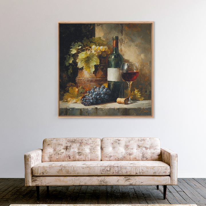 Olive Branch and Wine Glass Mediterranean Still Framed Canvas Print, Winery Art, Landscape Art, Winery Decor, Vineyard, WIN-1x1-72