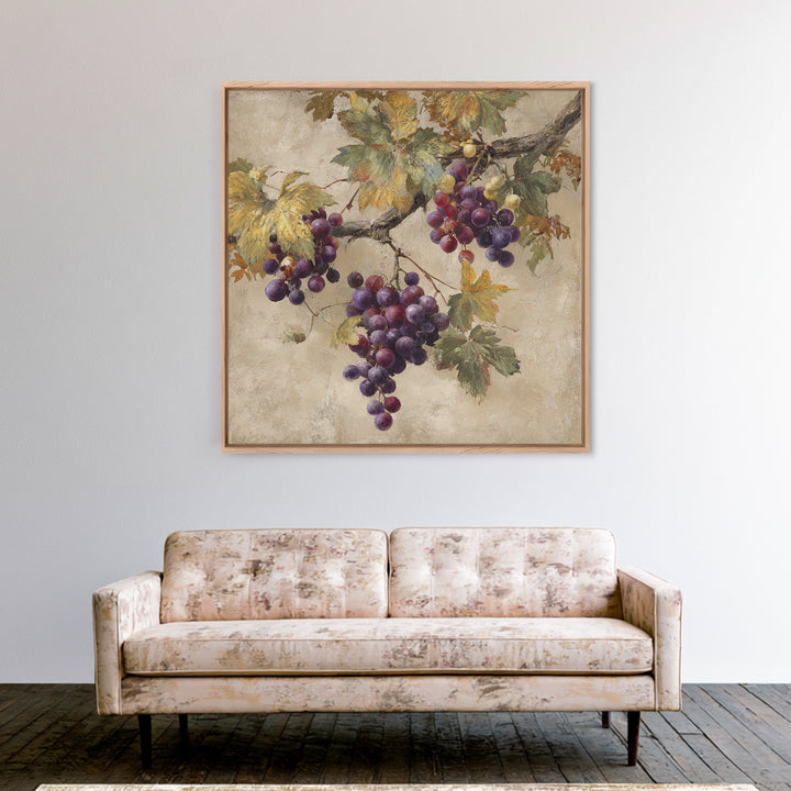 Grapevine Branch with Purple Grapes and Leaves Framed Canvas Print, Winery Art, Home Decor, Winery Decor, Fine Art, Vineyard, WIN-1x1-73