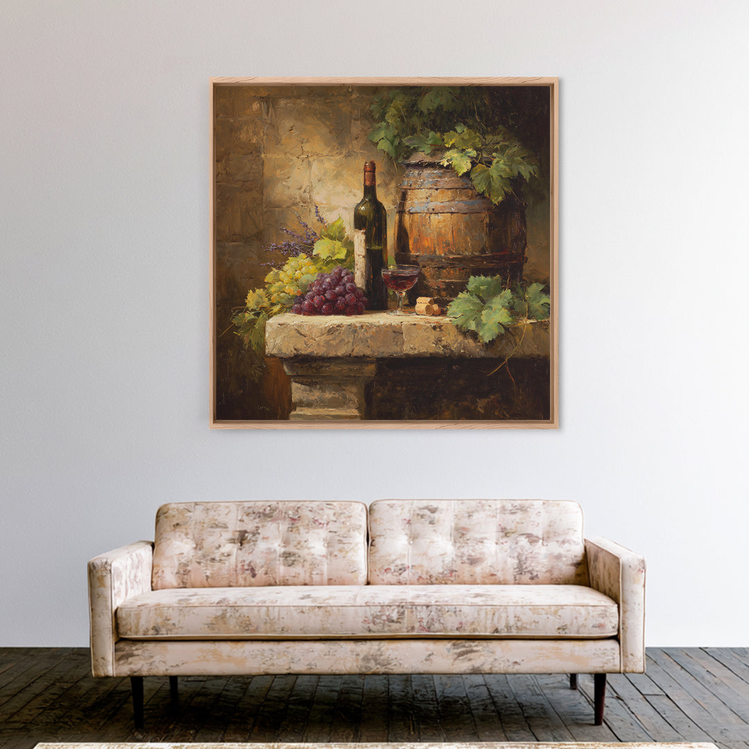 Wine Barrel with Lavender and Sunlight Framed Canvas Print, Winery Art, Statement Artwork, Winery Decor, Fine Art, Vineyard, WIN-1x1-78