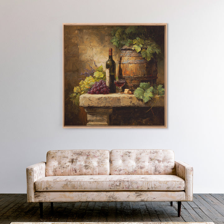 Wine Barrel with Lavender and Sunlight Framed Canvas Print, Winery Art, Statement Artwork, Winery Decor, Fine Art, Vineyard, WIN-1x1-78