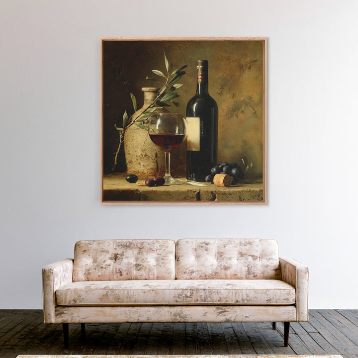 Olive Branch and Wine Glass Mediterranean Still Framed Canvas Print, Winery Art, Print, Winery Decor, Fine Art, Vineyard, WIN-1x1-96