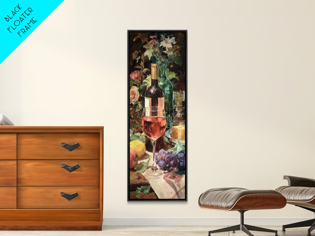 Ros Glass Beside Summer Flowers Canvas Print, Winery Art, Living Room Art, Winery Decor, Watercolor Art, Vineyard, WIN-1x3-2