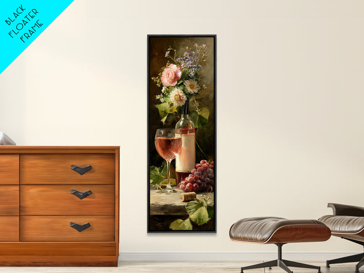 Ros Glass Beside Summer Flowers Canvas Print, Winery Art, Living Room Art, Winery Decor, Watercolor Art, Vineyard, WIN-1x3-26