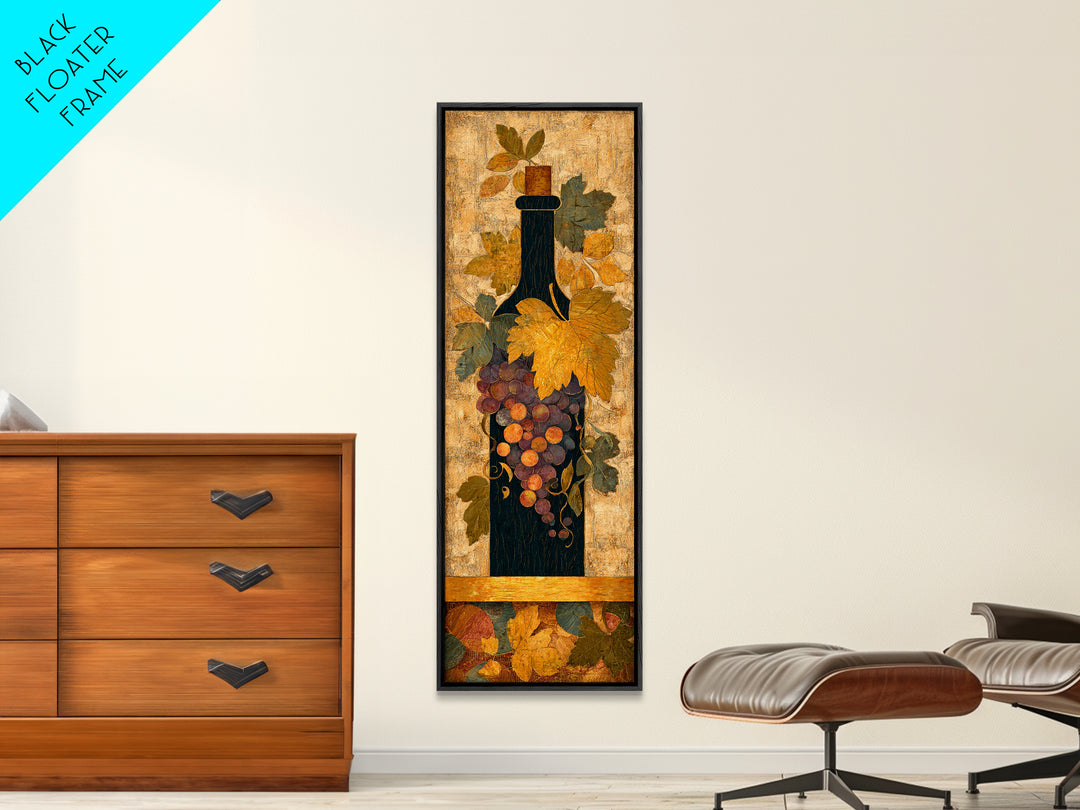 Black and Gold Wine Bottle Silhouette Framed Canvas Print, Winery Art, Wall Hanging, Winery Decor, Fine Art, Vineyard, WIN-1x3-52