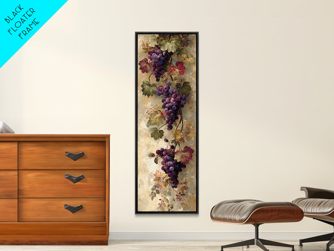 Grapevine Branch with Purple Grapes and Leaves Framed Canvas Print, Winery Art, Winery Decor, Watercolor Art, Vineyard, WIN-1x3-61
