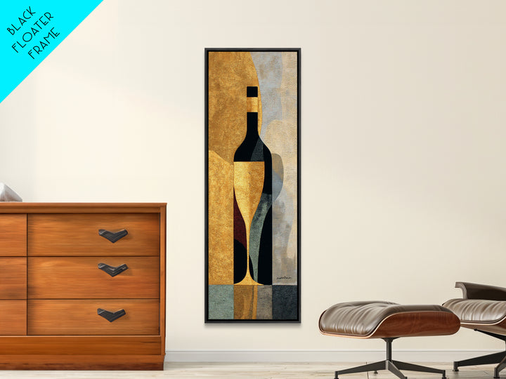 Black and Gold Wine Bottle Silhouette Framed Canvas Print, Winery Art, Kitchen Wall Decor, Winery Decor, Oil Painting, Vineyard, WIN-1x3-76