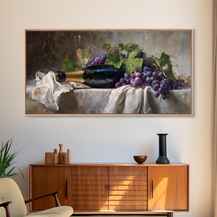 Champagne Grapes and White Linen Still Life Framed Canvas Print, Winery Art, Printable Wall Art, Winery Decor, Vineyard, WIN-2x1-1