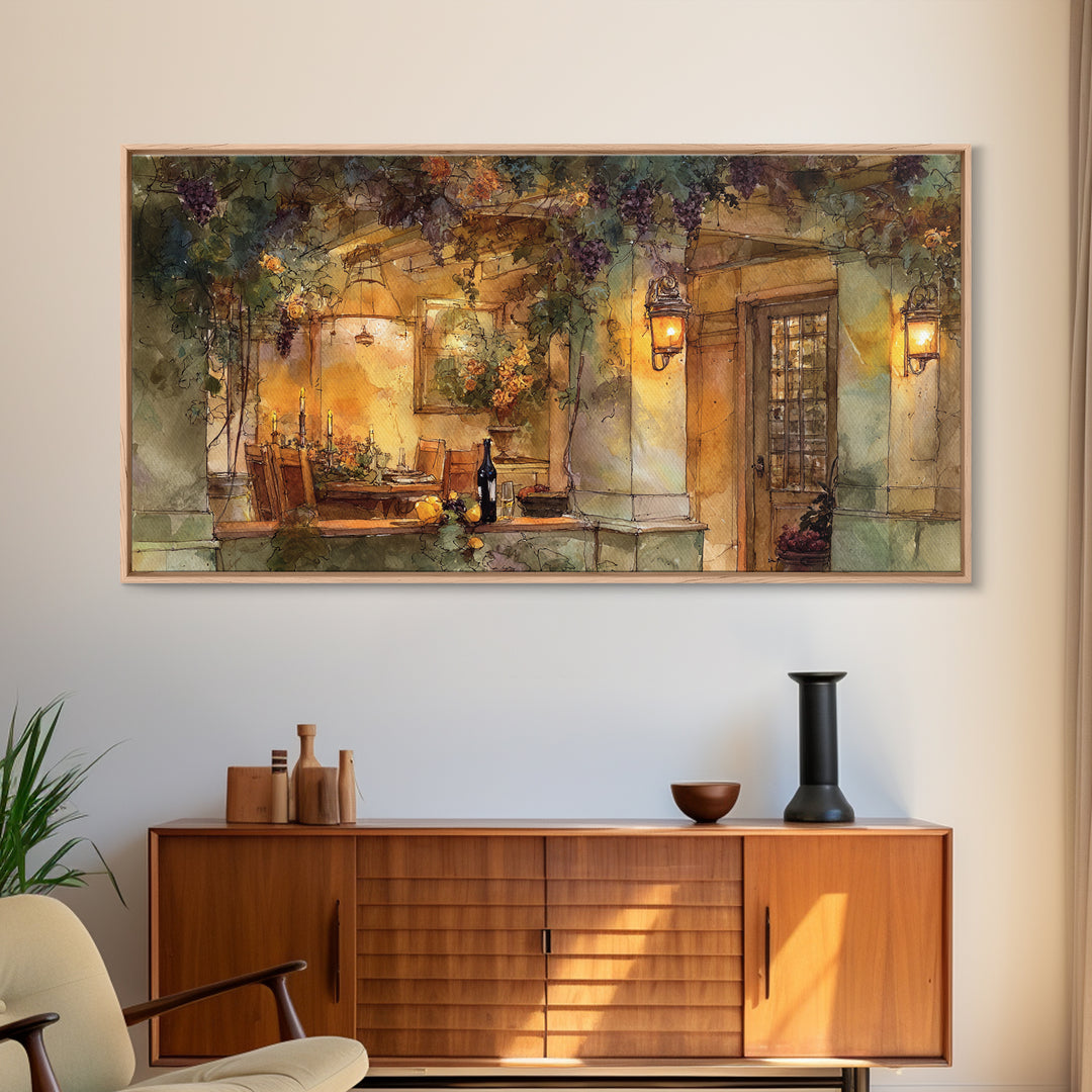 Vineyard Gate with Climbing Roses Framed Canvas Print, Winery Art, Retro Wall Art, Winery Decor, Vineyard, Modern Decor, WIN-2x1-11