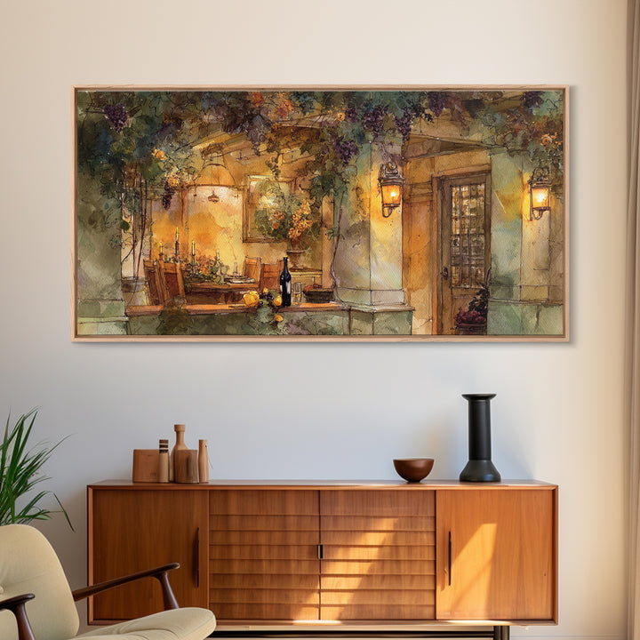 Vineyard Gate with Climbing Roses Framed Canvas Print, Winery Art, Retro Wall Art, Winery Decor, Vineyard, Modern Decor, WIN-2x1-11