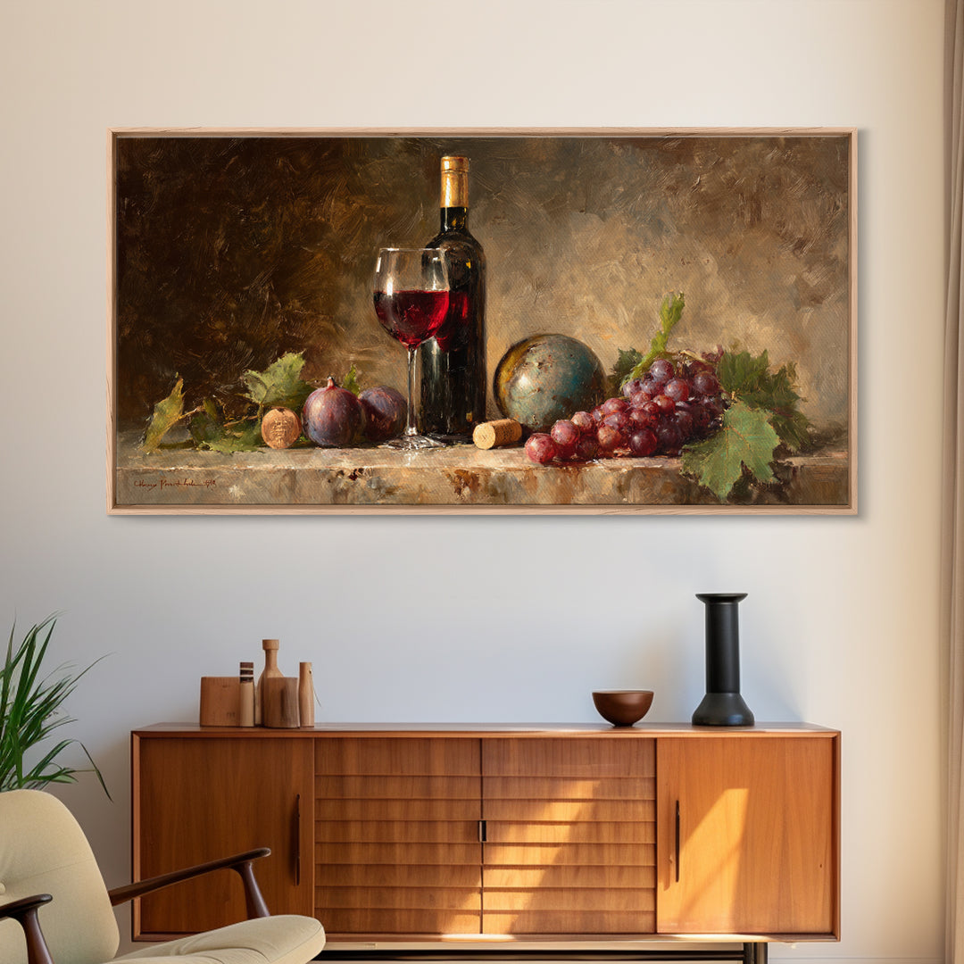 Wine Bottle and Glass Still Life Canvas Print, Winery Art, Textured Painting, Winery Decor, Fine Art, Vineyard, Oil Painting, WIN-2x1-22