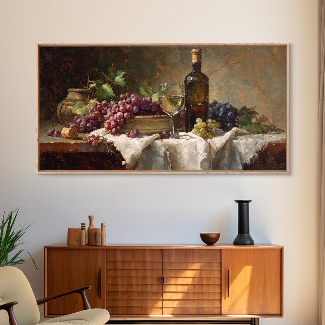 Champagne Grapes and White Linen Still Life Framed Canvas Print, Winery Art, Printable Wall Art, Winery Decor, Vineyard, WIN-2x1-25