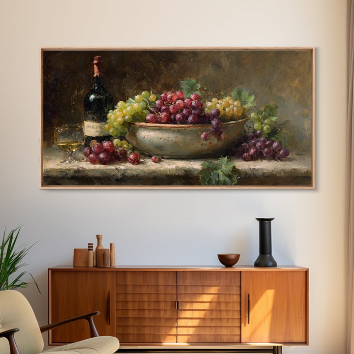 Grapes in a Ceramic Bowl with Shadows Framed Canvas Print, Winery Art, Oil Painting, Winery Decor, Watercolor Art, Vineyard, WIN-2x1-29
