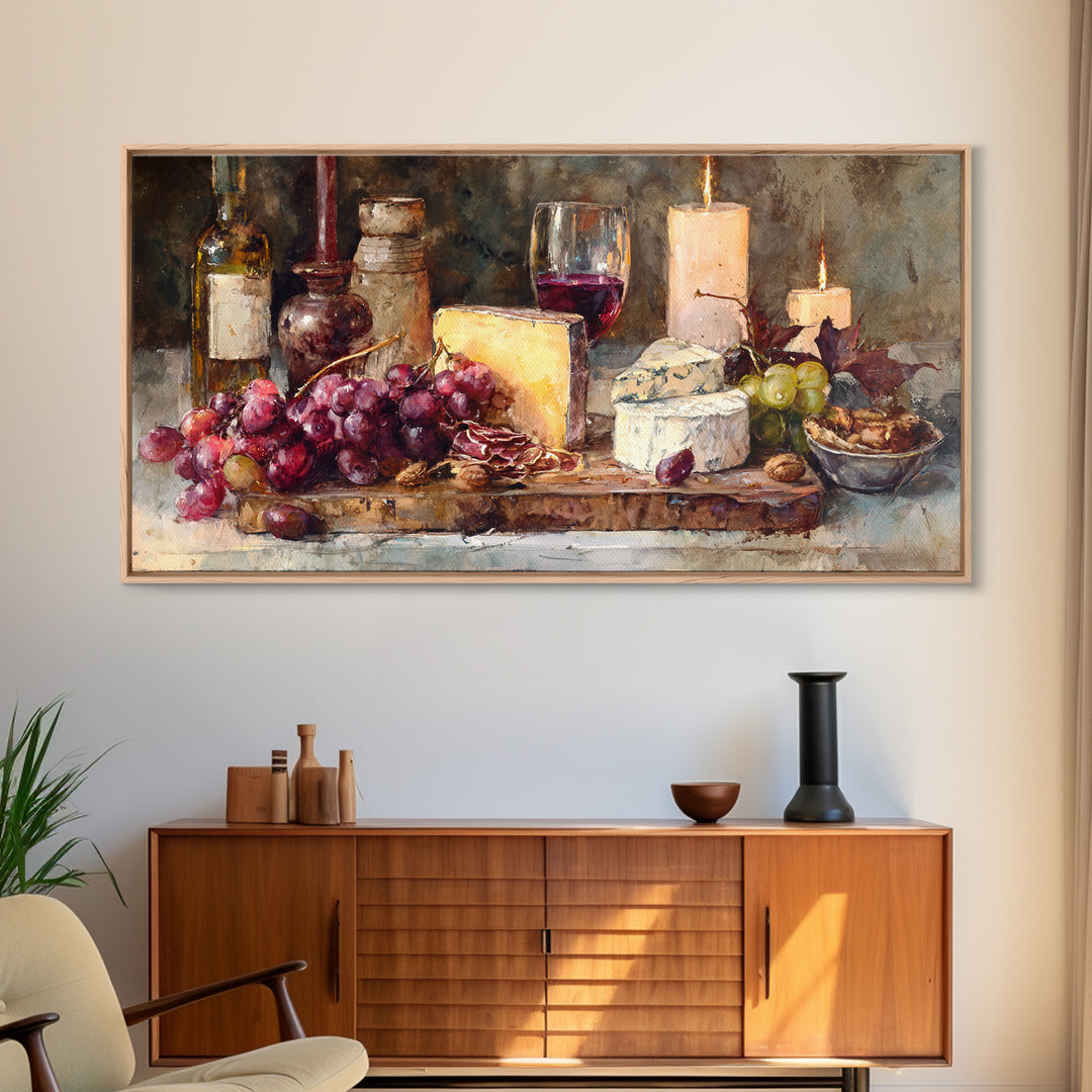 Charcuterie Board with Grapes and Cheese Framed Canvas Print, Winery Art, Painting, Winery Decor, Fine Art, Vineyard, WIN-2x1-33
