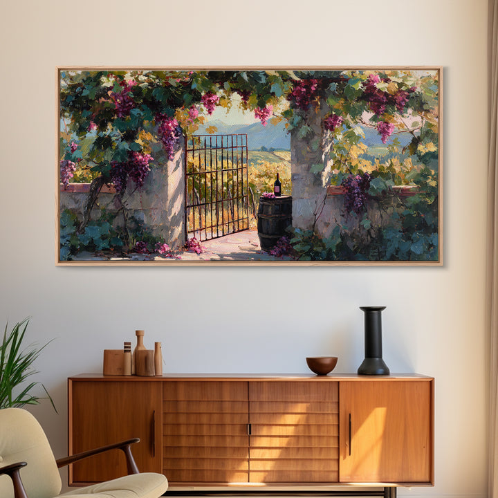 Vineyard Gate with Climbing Roses Framed Canvas Print, Winery Art, Wall Art, Winery Decor, Oil Painting, Vineyard, WIN-2x1-35