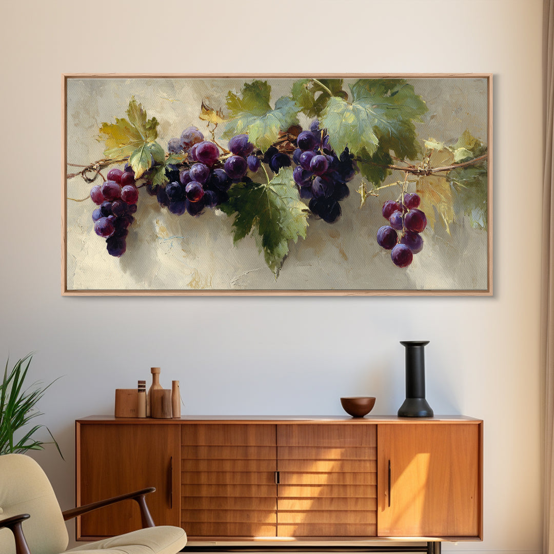 Grapevine Branch with Purple Grapes and Leaves Framed Canvas Print, Winery Art, Kitchen Wall Art, Winery Decor, Oil Painting, WIN-2x1-45