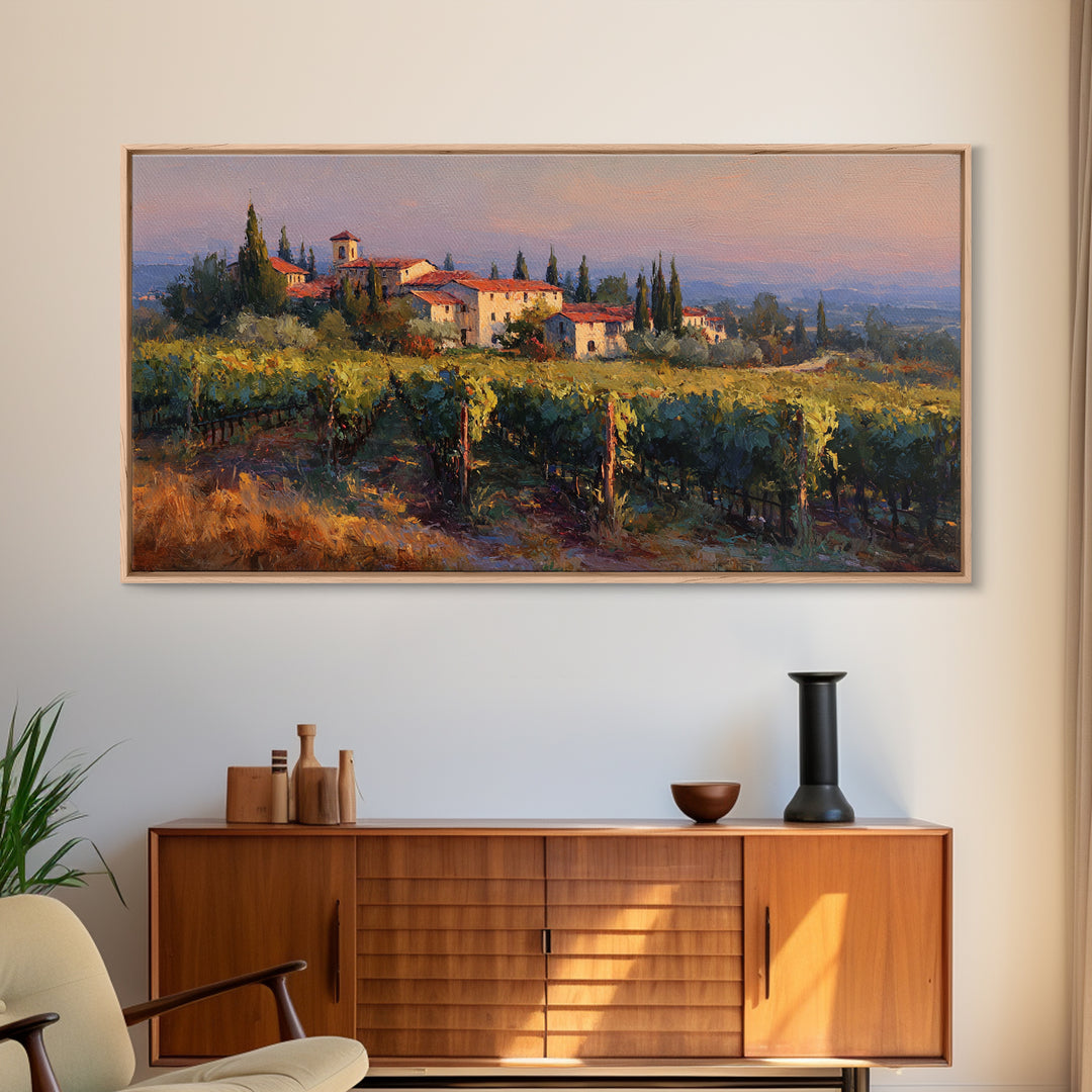 Tuscan Vineyard at Golden Hour Canvas Print, Winery Art, Farmhouse Decor, Winery Decor, Oil Painting, Vineyard, Bar Art, WIN-2x1-47
